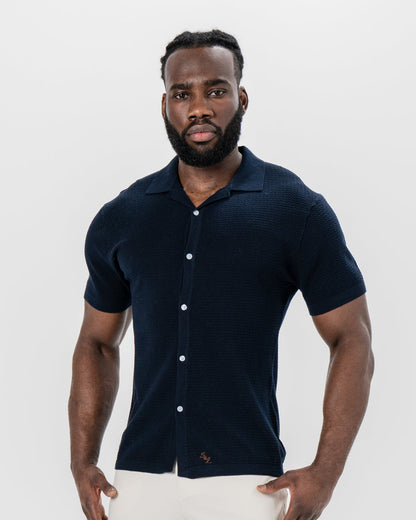 State & Liberty Textured Knit Short Sleeve Button Down - Navy