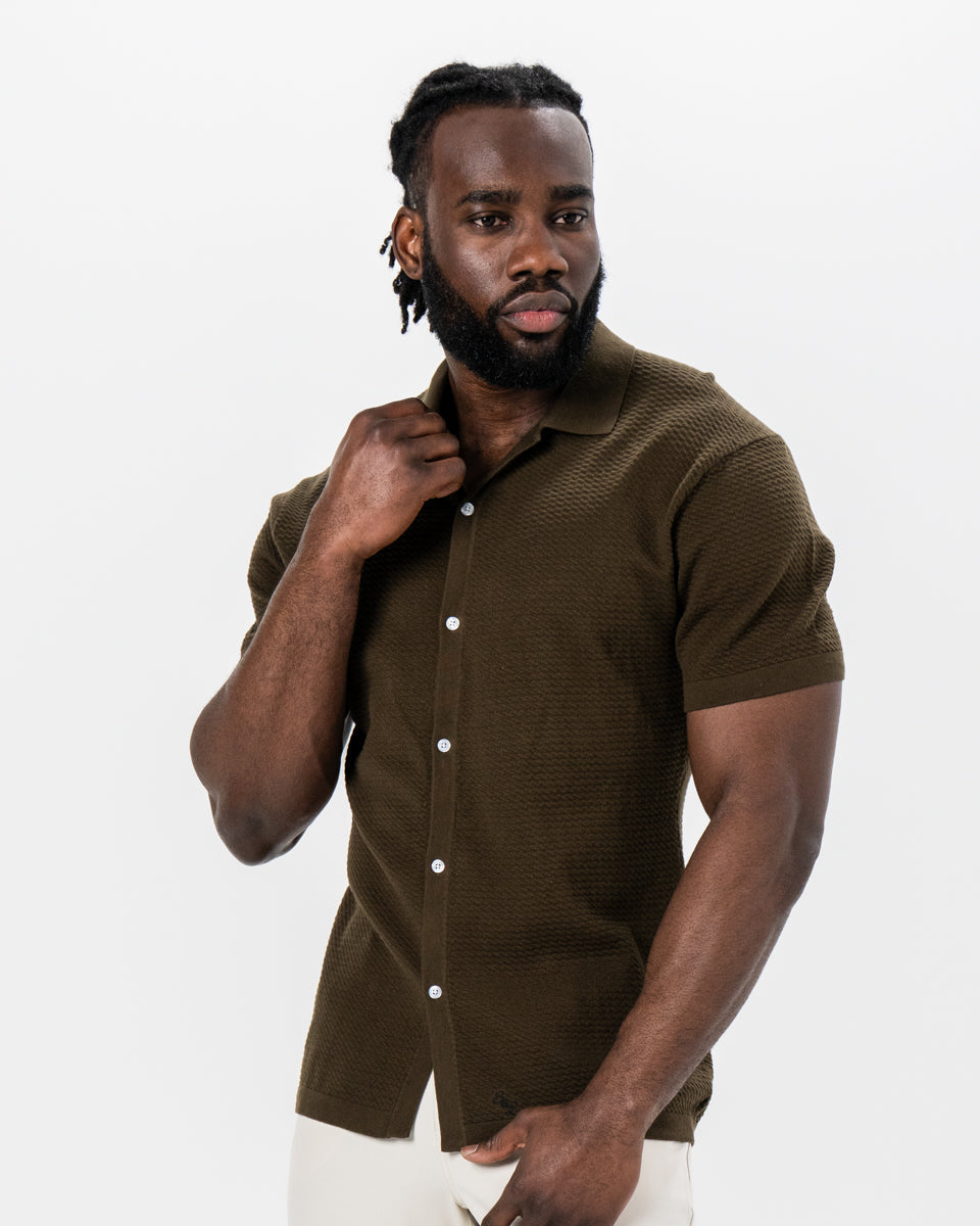 State & Liberty Textured Knit Short Sleeve Button Down - Olive