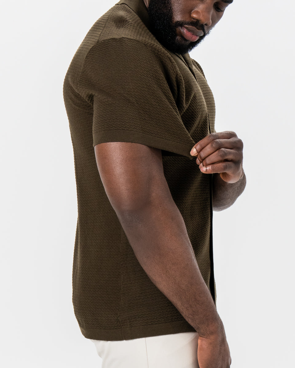 State & Liberty Textured Knit Short Sleeve Button Down - Olive