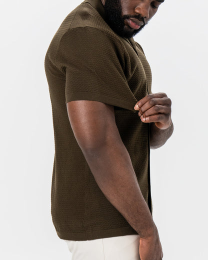 State & Liberty Textured Knit Short Sleeve Button Down - Olive