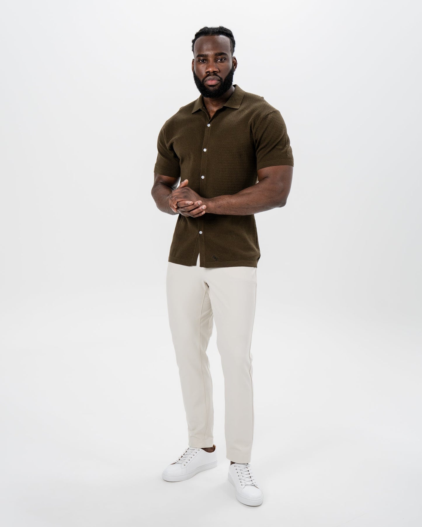 State & Liberty Textured Knit Short Sleeve Button Down - Olive