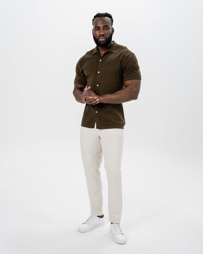 State & Liberty Textured Knit Short Sleeve Button Down - Olive