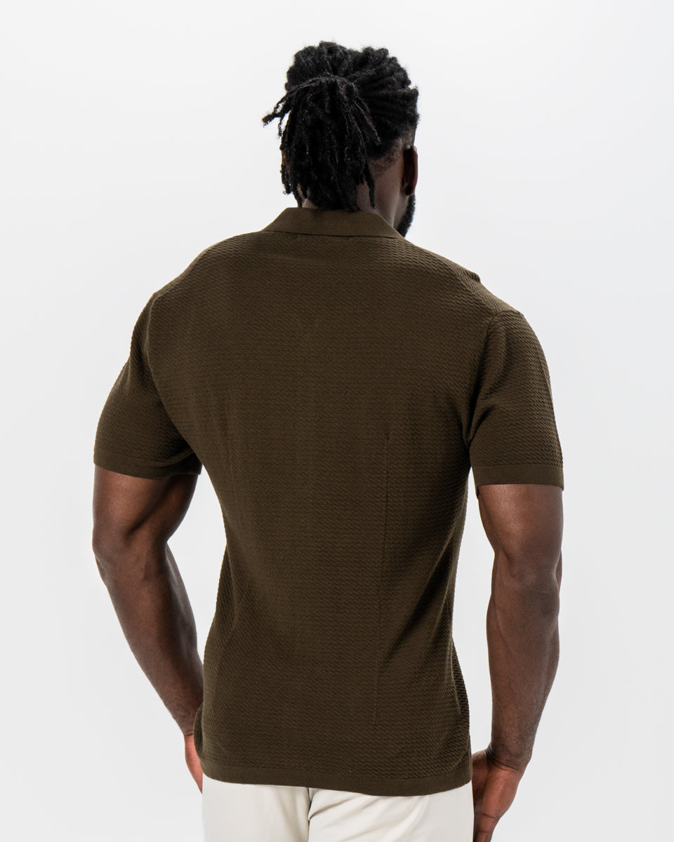 State & Liberty Textured Knit Short Sleeve Button Down - Olive