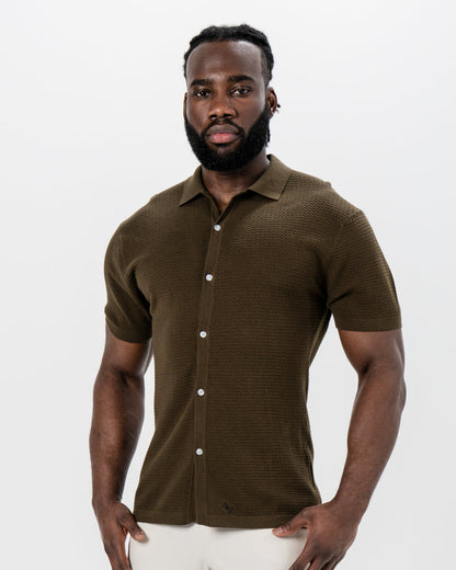 State & Liberty Textured Knit Short Sleeve Button Down - Olive