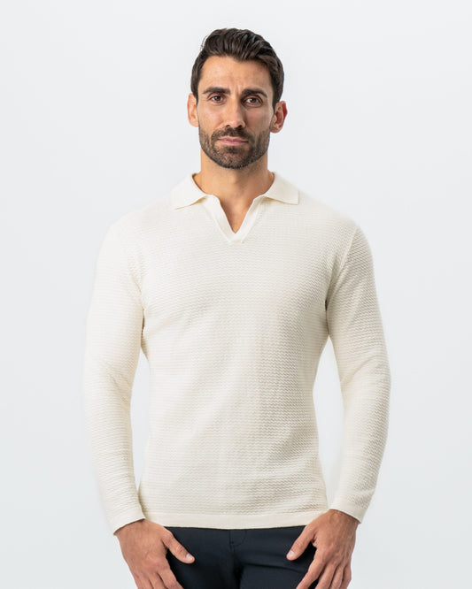 State & Liberty Textured Buttonless Long Sleeve Polo - Tan
