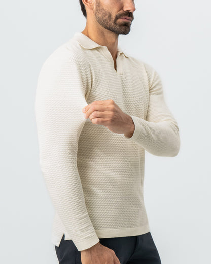 State & Liberty Textured Buttonless Long Sleeve Polo - Tan