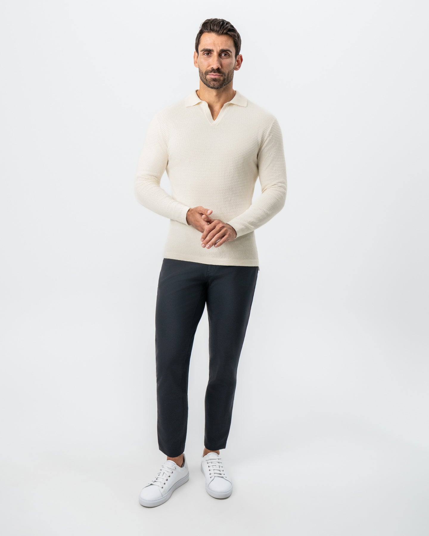 State & Liberty Textured Buttonless Long Sleeve Polo - Tan