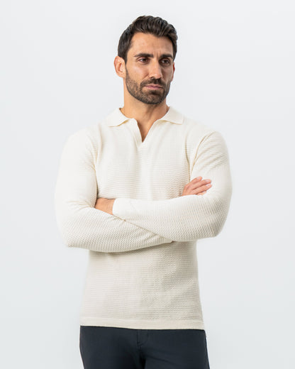 State & Liberty Textured Buttonless Long Sleeve Polo - Tan