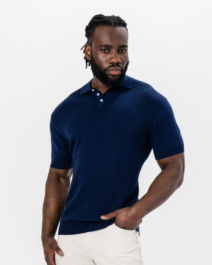 State & Liberty Textured Knit Cashmere Polo - Navy