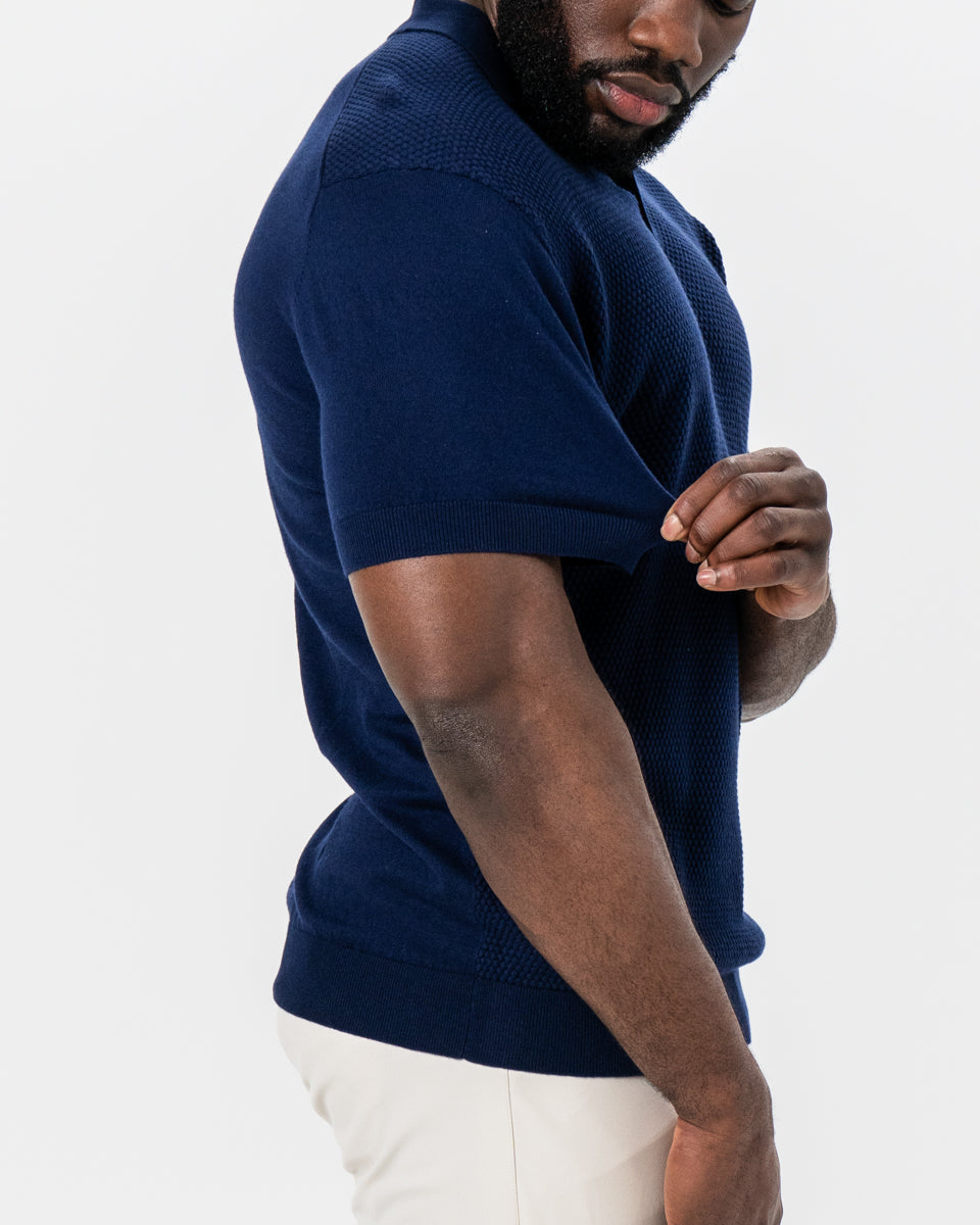 State & Liberty Textured Knit Cashmere Polo - Navy