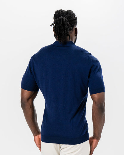 State & Liberty Textured Knit Cashmere Polo - Navy