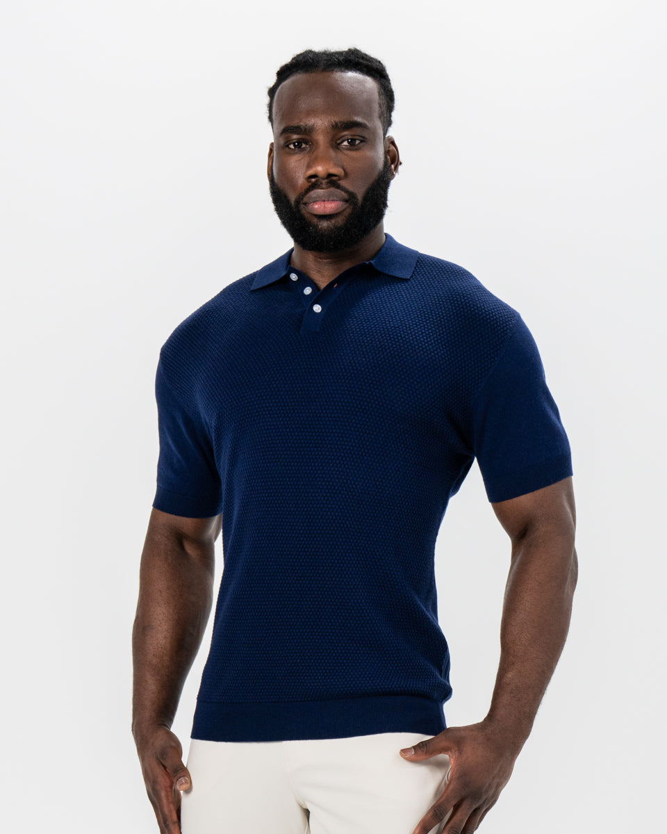 State & Liberty Textured Knit Cashmere Polo - Navy