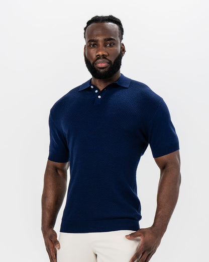 State & Liberty Textured Knit Cashmere Polo - Navy