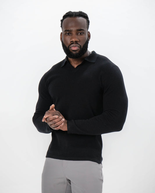State & Liberty Textured Buttonless Long Sleeve Polo - Black