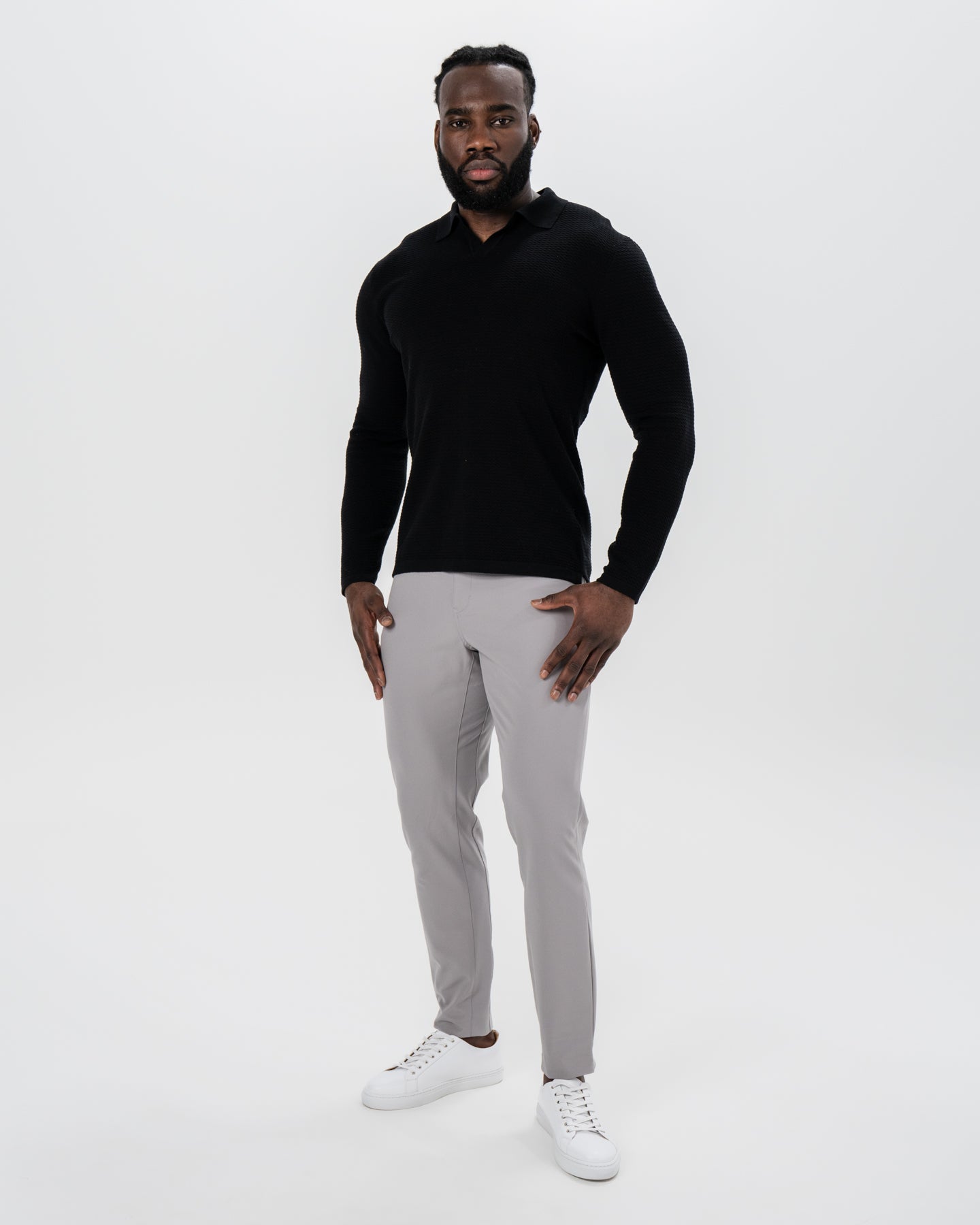 State & Liberty Textured Buttonless Long Sleeve Polo - Black