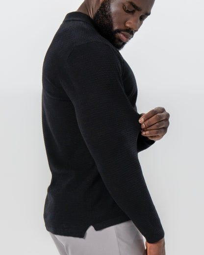 State & Liberty Textured Buttonless Long Sleeve Polo - Black