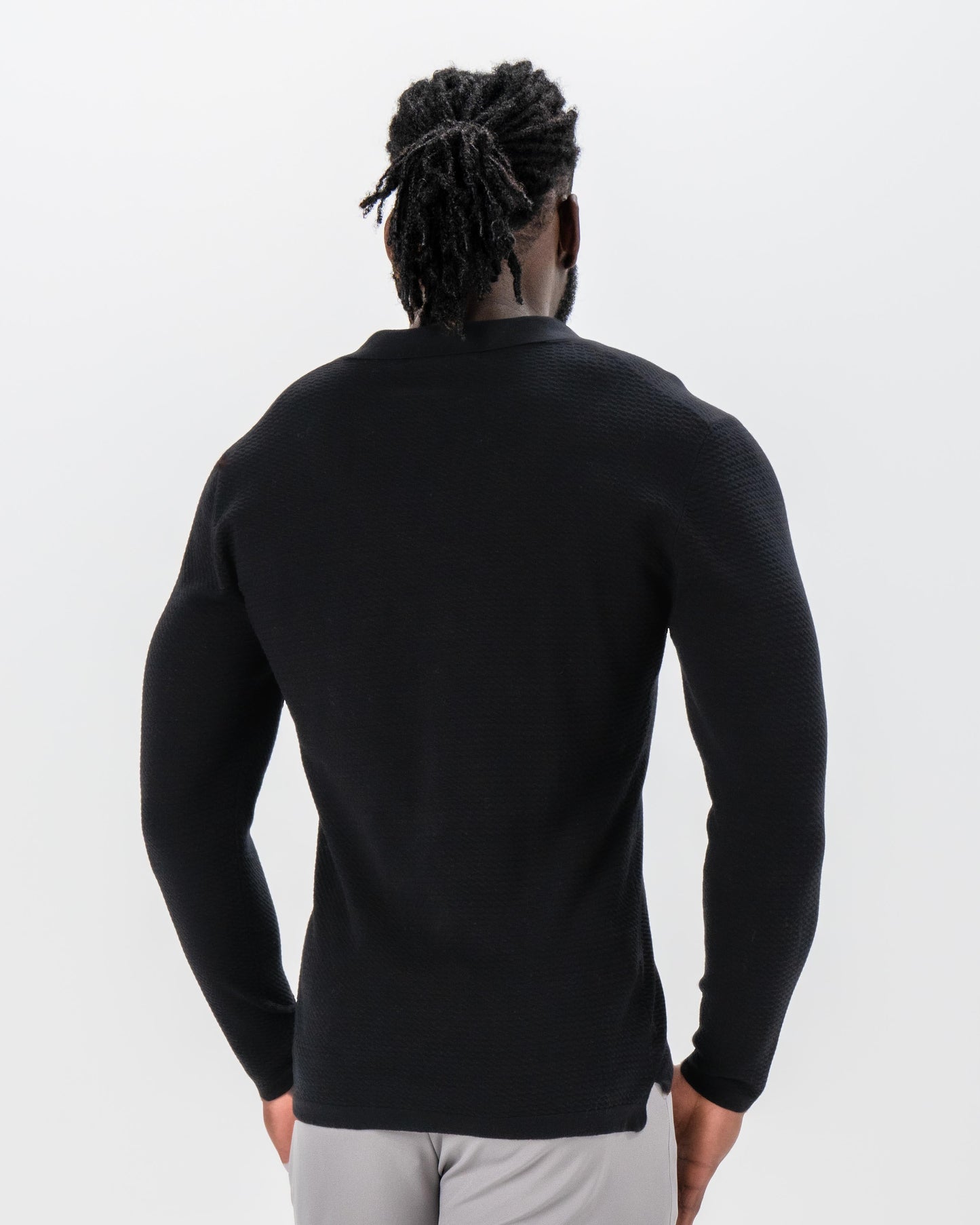 State & Liberty Textured Buttonless Long Sleeve Polo - Black