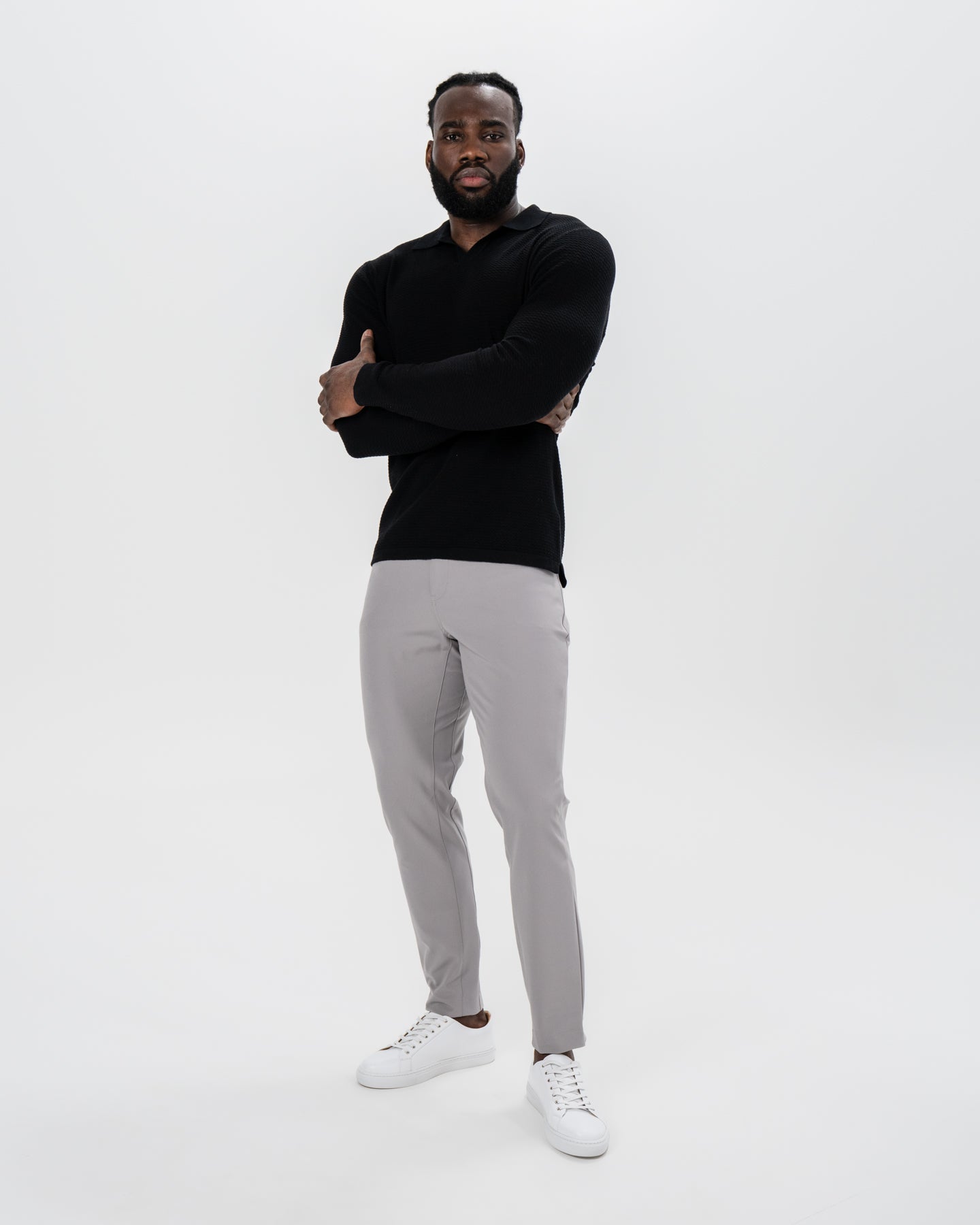 State & Liberty Textured Buttonless Long Sleeve Polo - Black