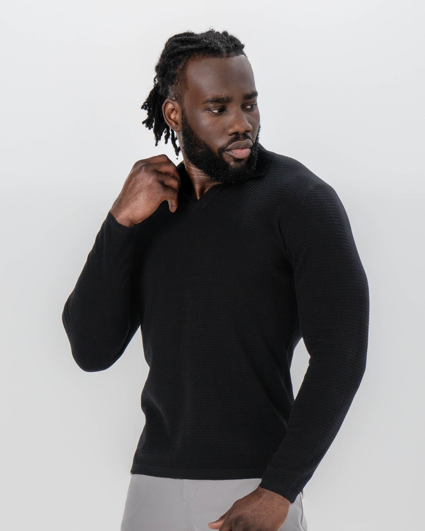State & Liberty Textured Buttonless Long Sleeve Polo - Black