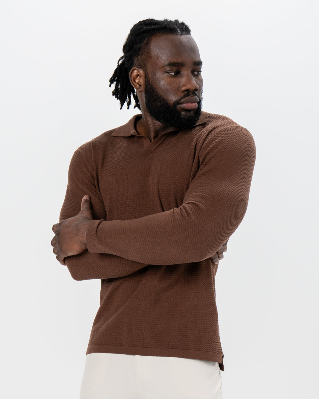 State & Liberty Textured Buttonless Long Sleeve Polo - Brown