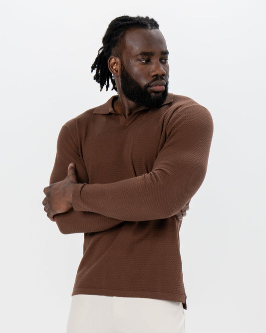 State & Liberty Textured Buttonless Long Sleeve Polo - Brown