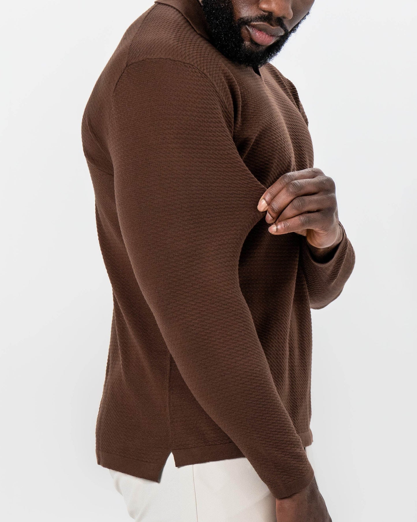 State & Liberty Textured Buttonless Long Sleeve Polo - Brown