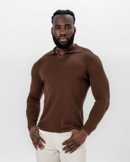 State & Liberty Textured Buttonless Long Sleeve Polo - Brown