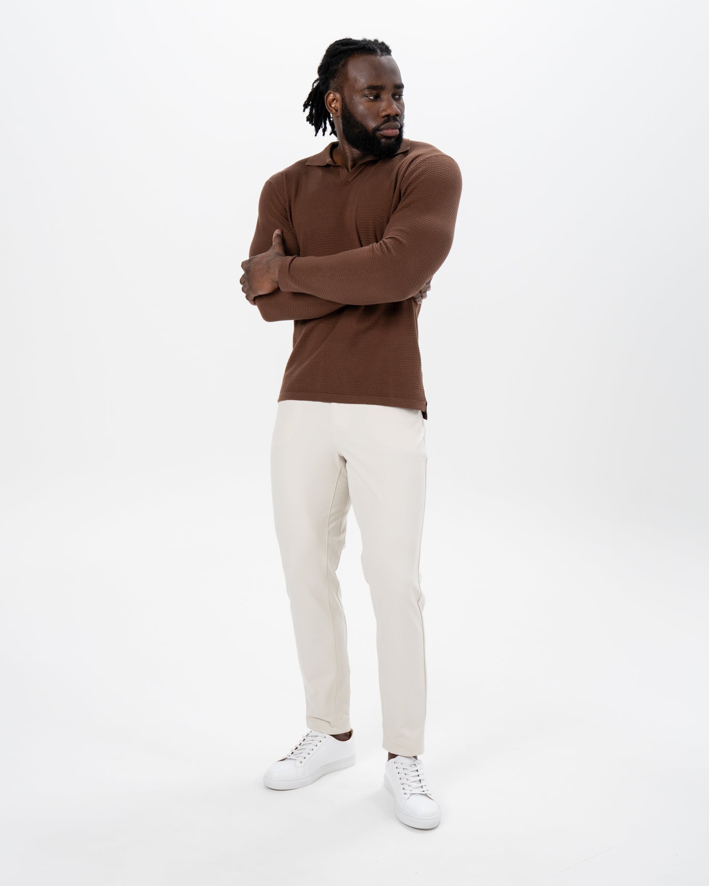 State & Liberty Textured Buttonless Long Sleeve Polo - Brown