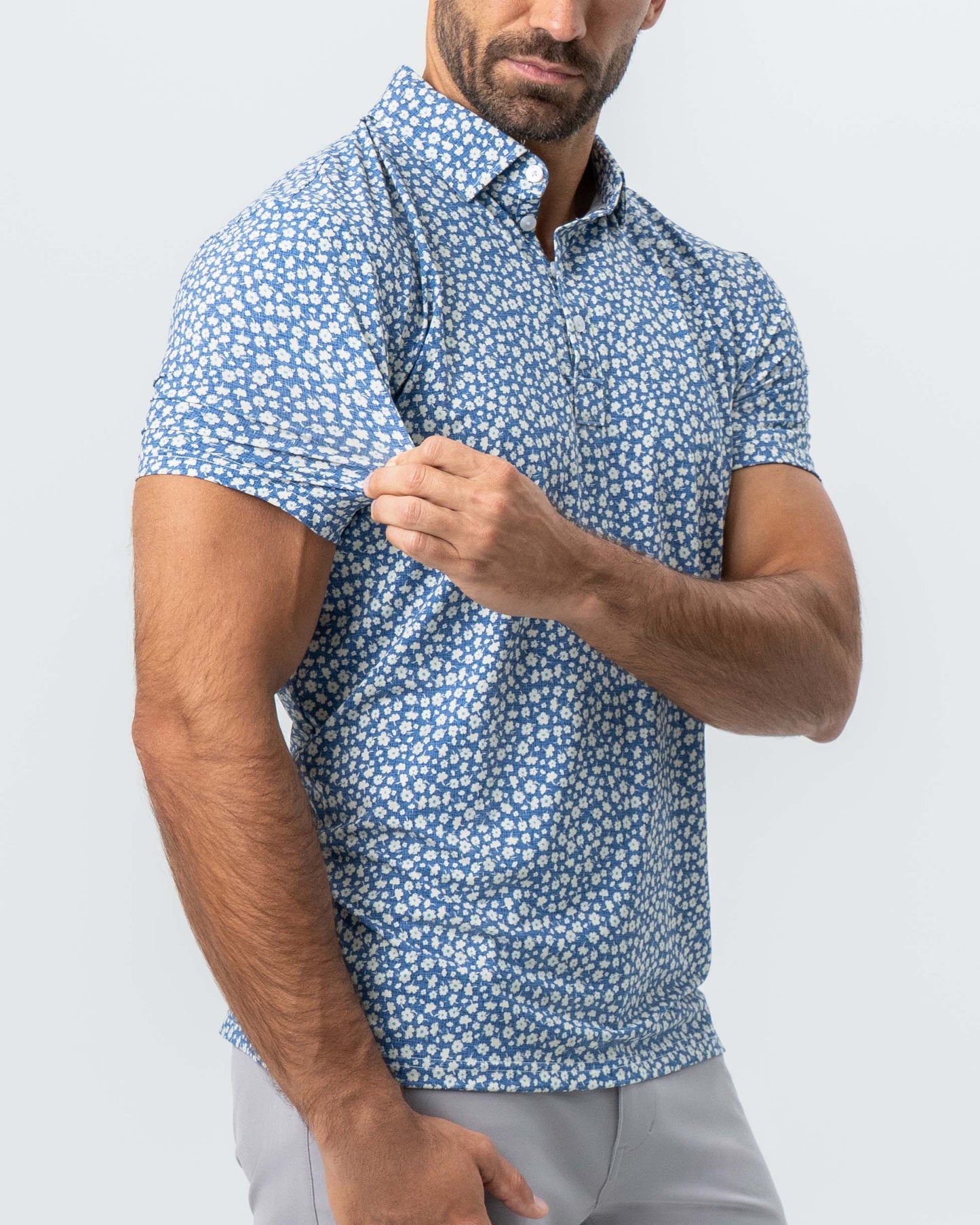 State & Liberty "The Ken" White & Light Blue Floral Print Polo