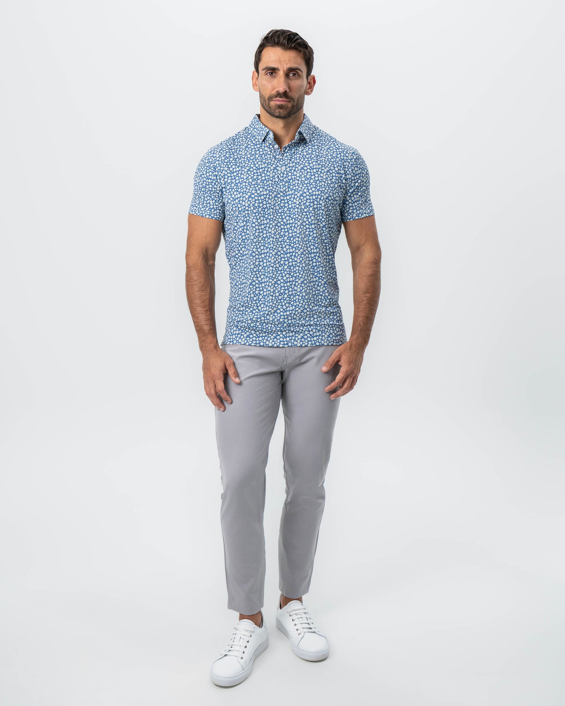 State & Liberty "The Ken" White & Light Blue Floral Print Polo