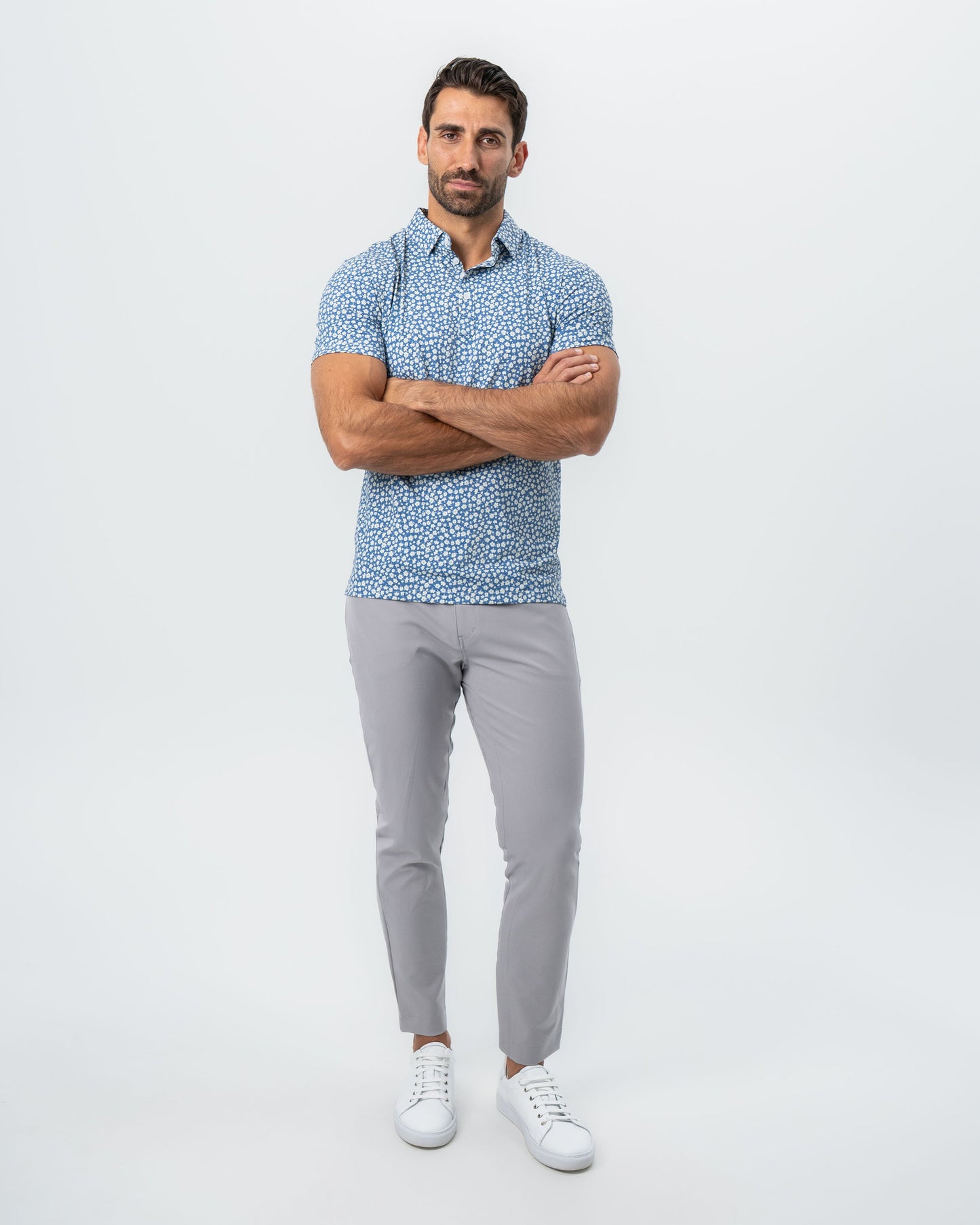 State & Liberty "The Ken" White & Light Blue Floral Print Polo