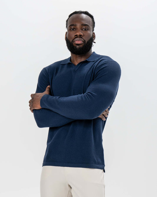 State & Liberty Textured Buttonless Long Sleeve Polo - Navy