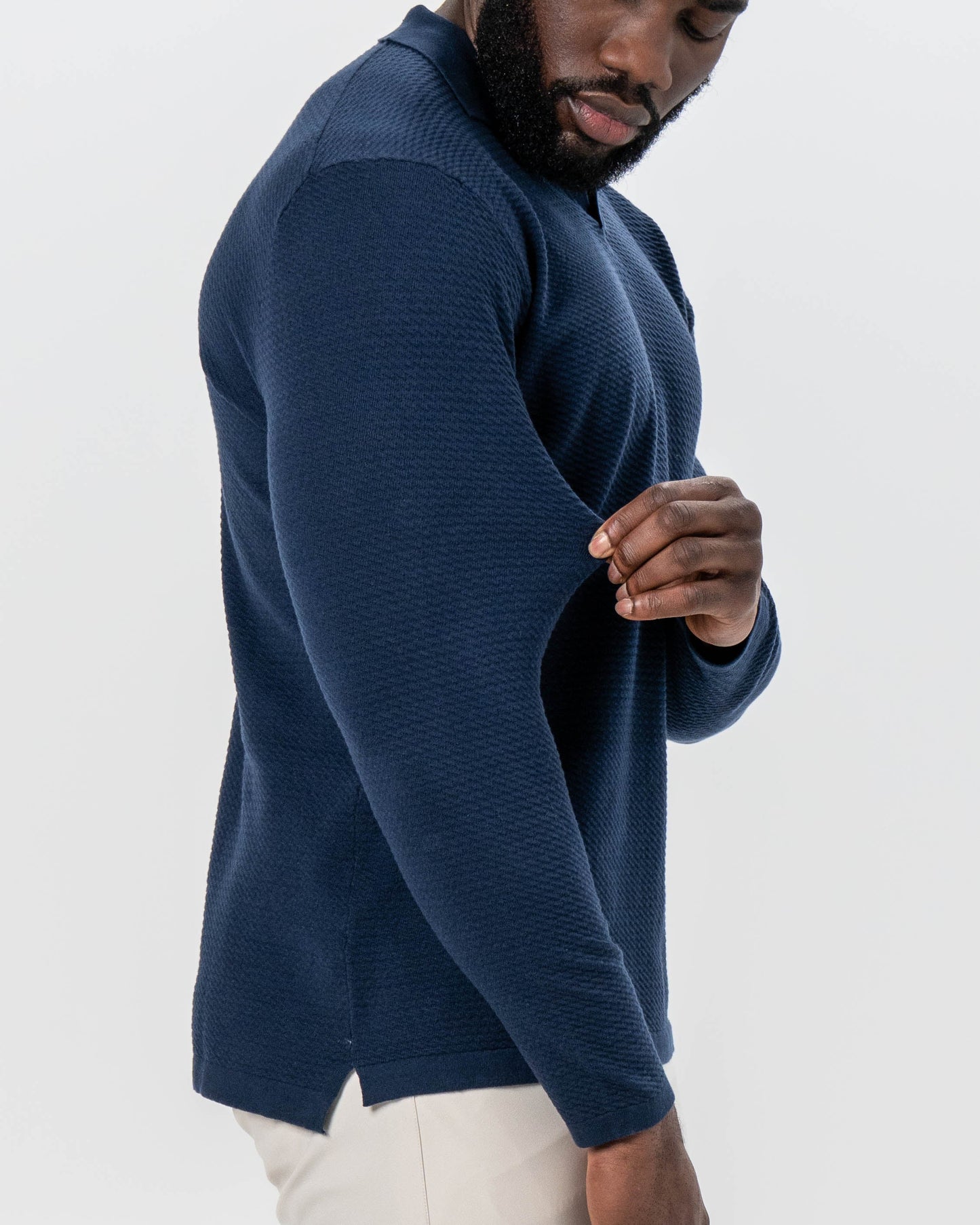 State & Liberty Textured Buttonless Long Sleeve Polo - Navy