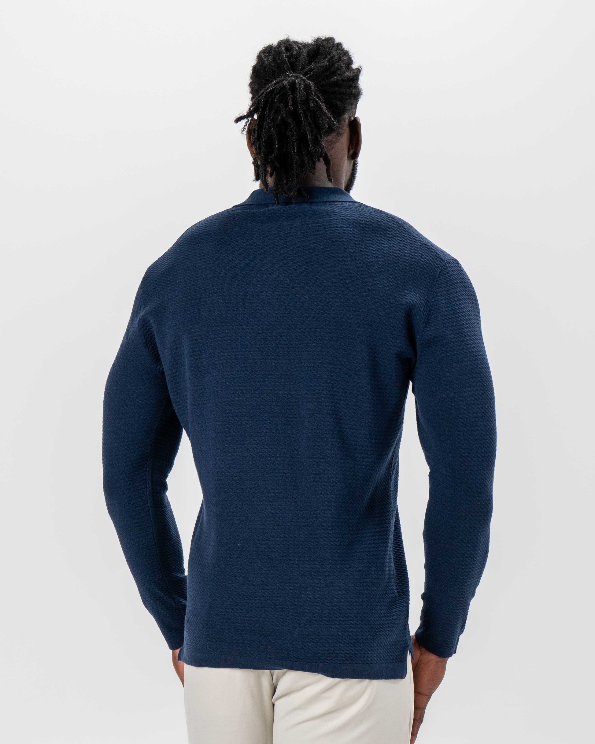 State & Liberty Textured Buttonless Long Sleeve Polo - Navy