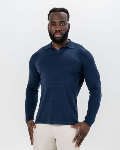 State & Liberty Textured Buttonless Long Sleeve Polo - Navy