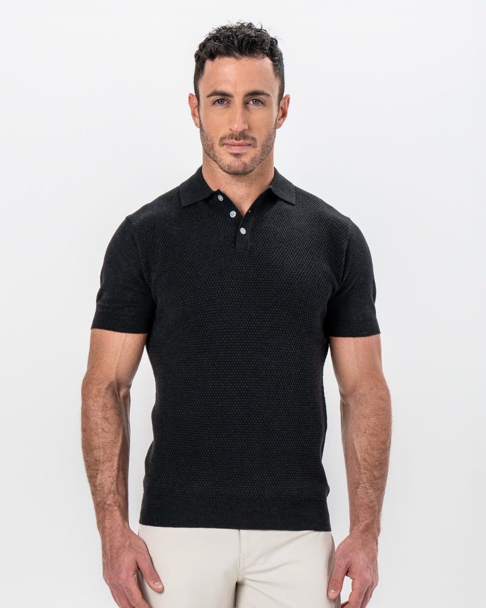 State & Liberty Textured Knit Cashmere Polo - Charcoal