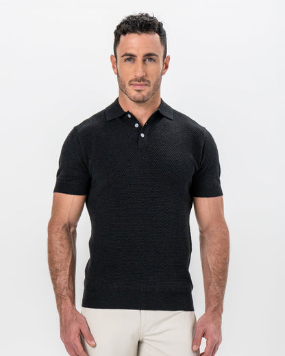 State & Liberty Textured Knit Cashmere Polo - Charcoal