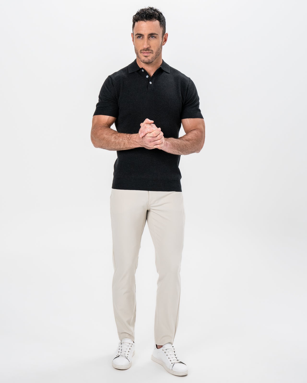 State & Liberty Textured Knit Cashmere Polo - Charcoal