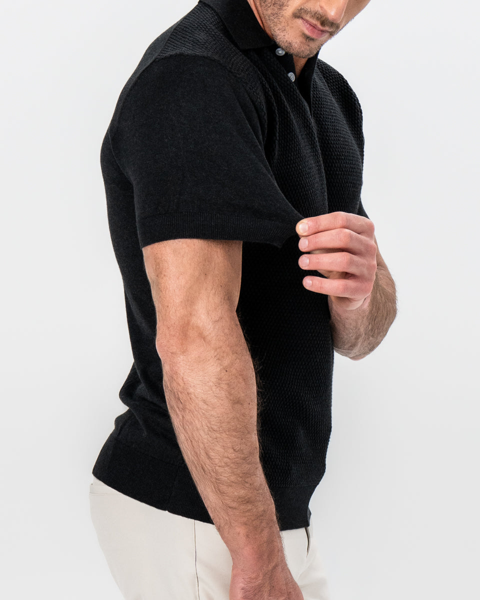 State & Liberty Textured Knit Cashmere Polo - Charcoal