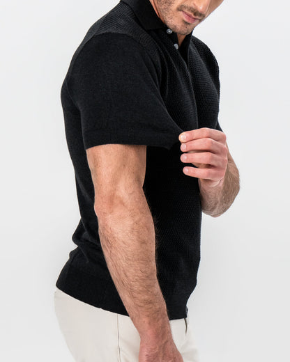 State & Liberty Textured Knit Cashmere Polo - Charcoal