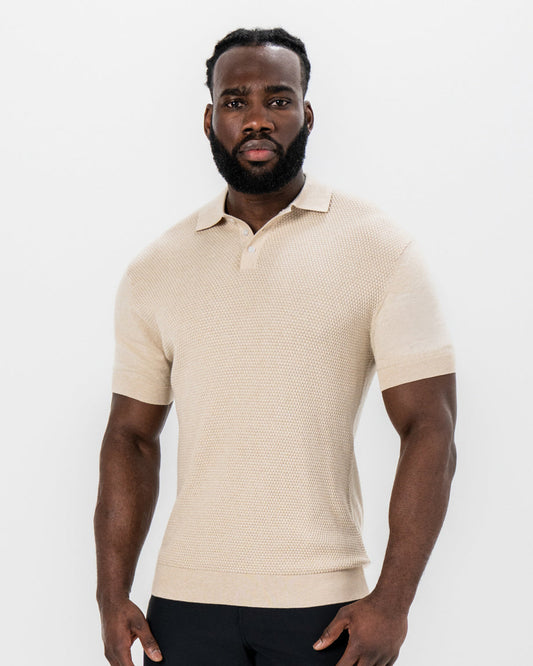 State & Liberty Textured Knit Cashmere Polo - Sand