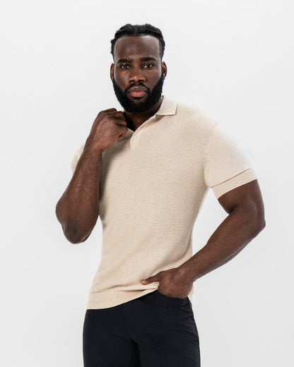 State & Liberty Textured Knit Cashmere Polo - Sand