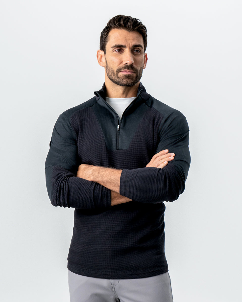 State & Liberty Waffle Knit Quarter Zip - Solid Black