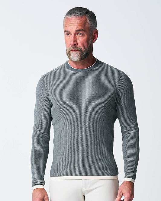 State & Liberty Lightweight Ribbed Knit Crewneck Sweater - Dark Grey & Beige
