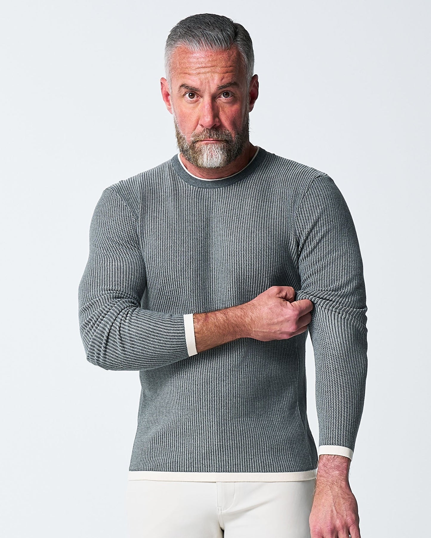 State & Liberty Lightweight Ribbed Knit Crewneck Sweater - Dark Grey & Beige