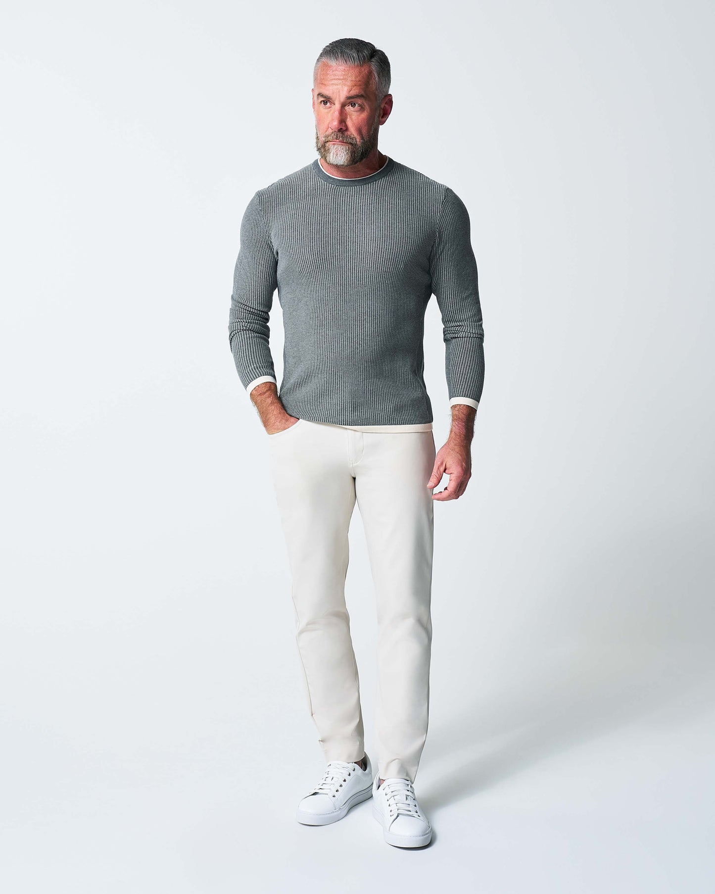 State & Liberty Lightweight Ribbed Knit Crewneck Sweater - Dark Grey & Beige