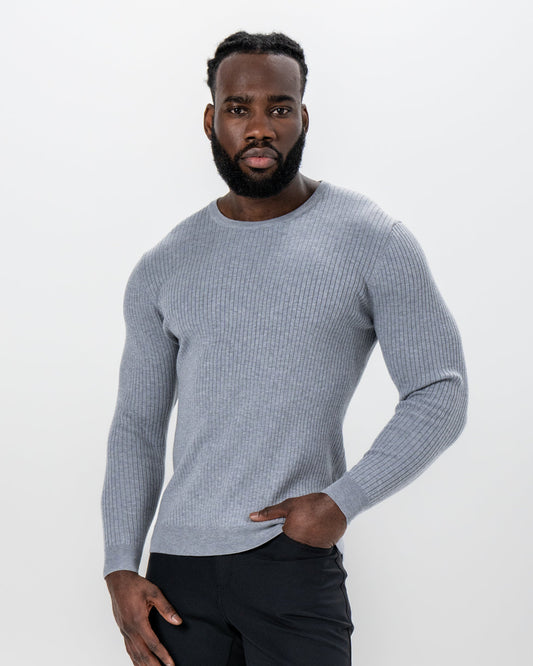 State & Liberty Mid-Weight Ribbed Knit Crewneck Sweater - Light Grey