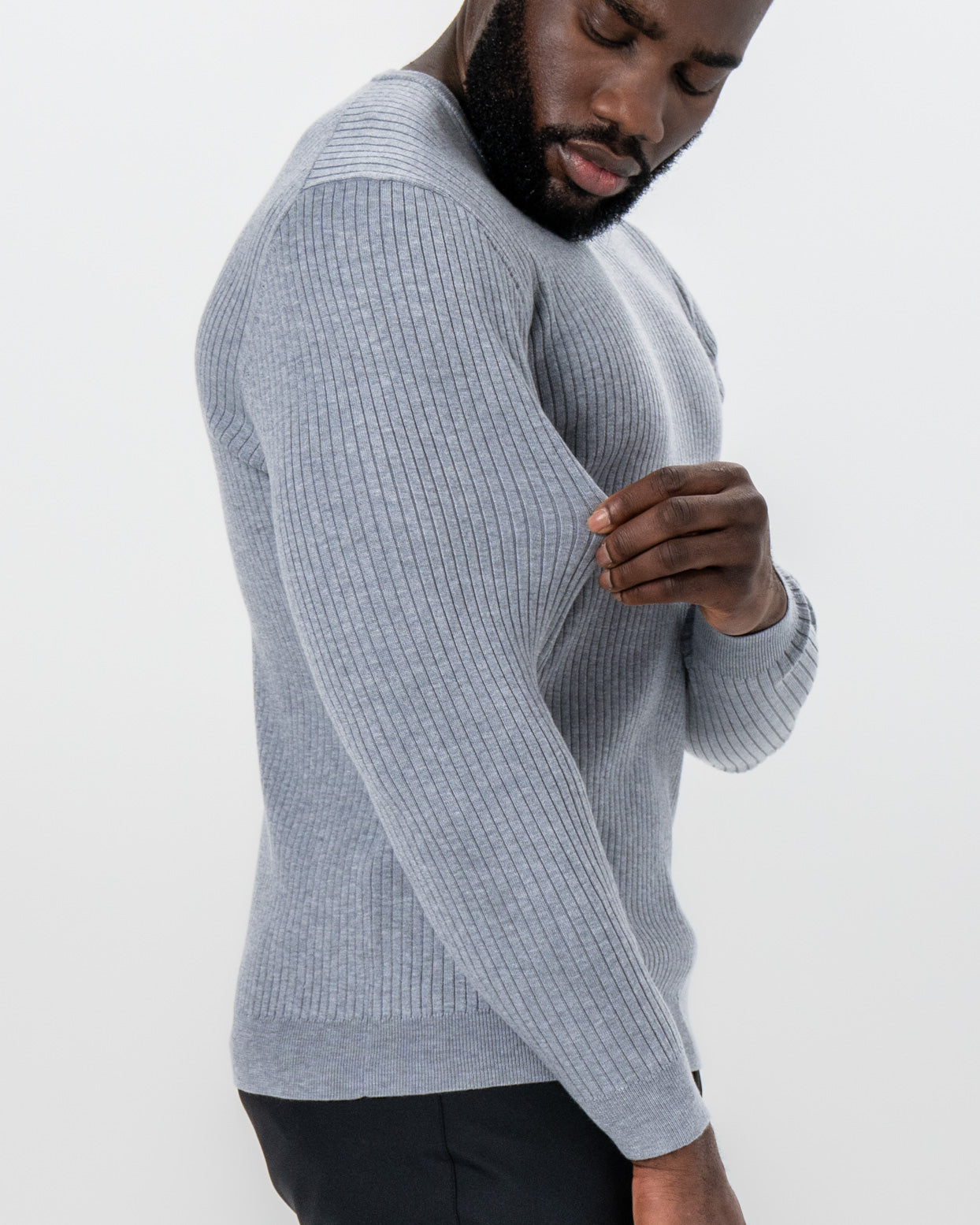 State & Liberty Mid-Weight Ribbed Knit Crewneck Sweater - Light Grey