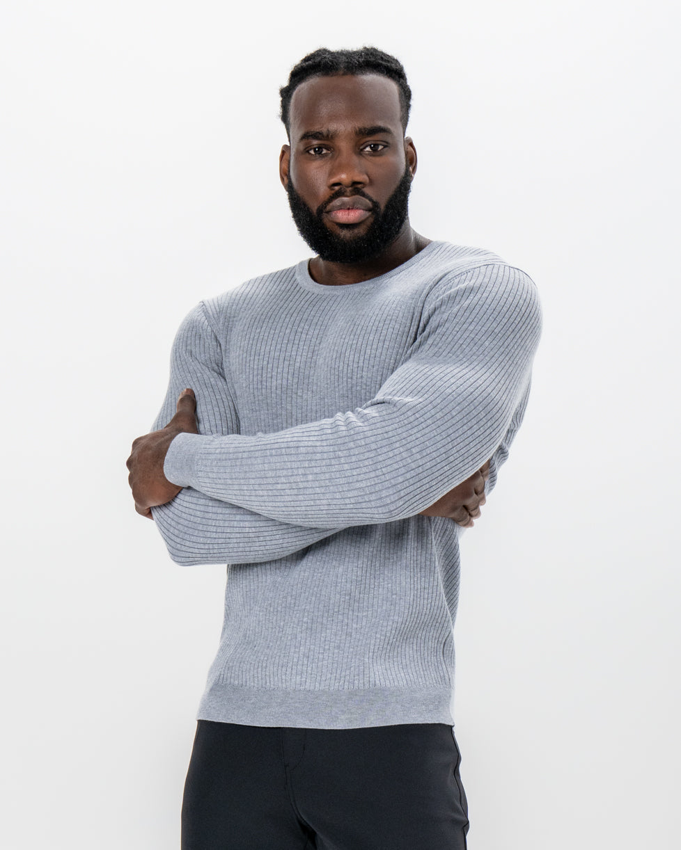 State & Liberty Mid-Weight Ribbed Knit Crewneck Sweater - Light Grey