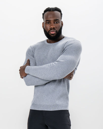 State & Liberty Mid-Weight Ribbed Knit Crewneck Sweater - Light Grey